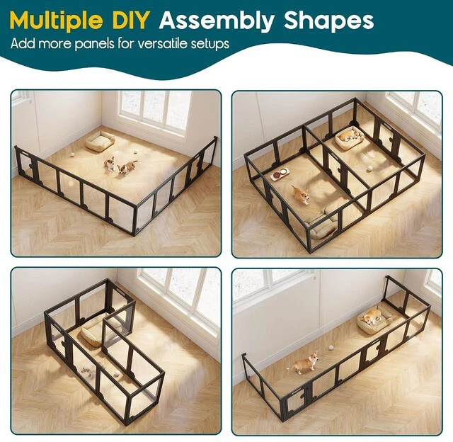 Alt view image 6 of 7 - Acrylic Clear Dog Playpen Indoor, Modular Puppy Cat Small Pet Play Pen with 3 Doors, Transparent Fence for Little Dogs, Cats, Rabbits, Easy Assemble and Disassemble, Black (24" H, 17 pcs)
