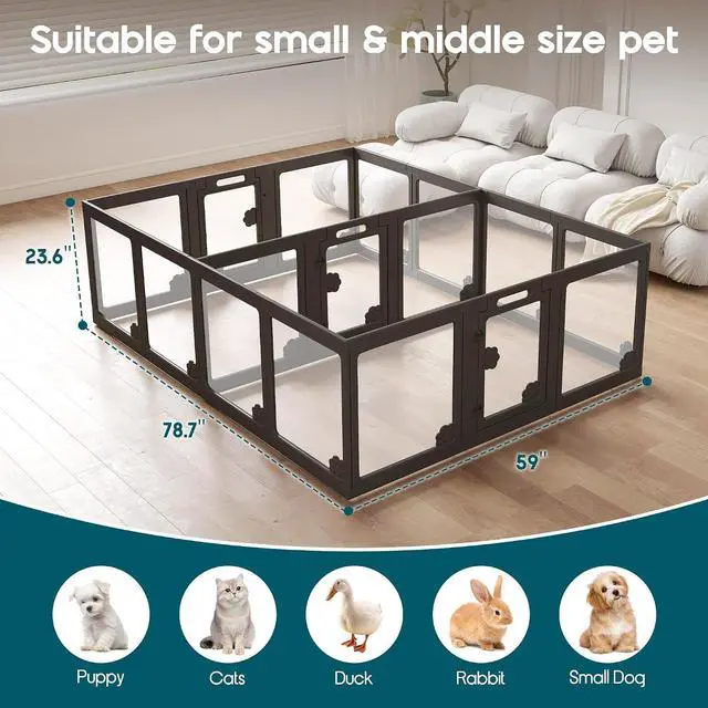 Alt view image 7 of 7 - Acrylic Clear Dog Playpen Indoor, Modular Puppy Cat Small Pet Play Pen with 3 Doors, Transparent Fence for Little Dogs, Cats, Rabbits, Easy Assemble and Disassemble, Black (24" H, 17 pcs)