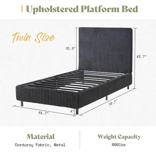 Alt view image 2 of 7 - Twin Bed Frame, Upholstered Metal Platform Bed with Vertical Channel Tufted Headboard, Soft Fabric & Strong Metal Slats, Noise-Free/Easy Assembly, Black Twin Metal Bed and Headboard