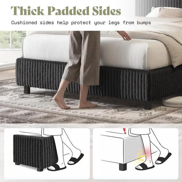 Alt view image 5 of 7 - Twin Bed Frame, Upholstered Metal Platform Bed with Vertical Channel Tufted Headboard, Soft Fabric & Strong Metal Slats, Noise-Free/Easy Assembly, Black Twin Metal Bed and Headboard