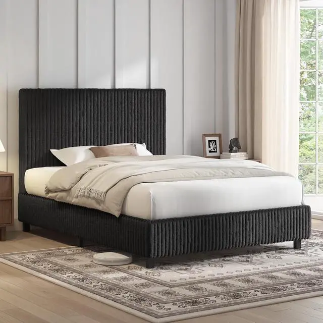 Alt view image 3 of 7 - Twin Bed Frame, Upholstered Metal Platform Bed with Vertical Channel Tufted Headboard, Soft Fabric & Strong Metal Slats, Noise-Free/Easy Assembly, Black Twin Metal Bed and Headboard