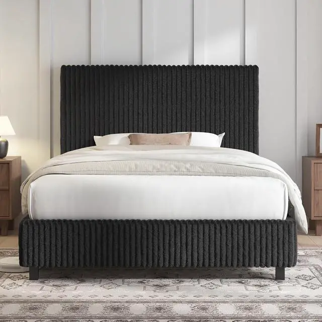 Main image of Twin Bed Frame, Upholstered Metal Platform Bed with Vertical Channel Tufted Headboard, Soft Fabric & Strong Metal Slats, Noise-Free/Easy Assembly, Black Twin Metal Bed and Headboard
