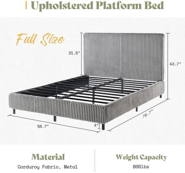 Alt view image 2 of 7 - Full Bed Frame, Upholstered Metal Platform Bed with Vertical Channel Tufted Headboard, Soft Fabric & Strong Metal Slats, Noise-Free/Easy Assembly, Grey Full Upholstered Bed and Headboard