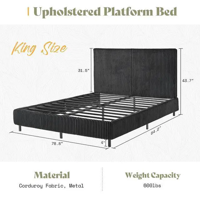 Alt view image 2 of 7 - King Size Bed Frame, Corduroy Upholstered Metal Platform Bed with Vertical Channel Tufted Headboard, Soft Fabric & Strong Metal Slats, Noise-Free, Black King Bed and Headboard