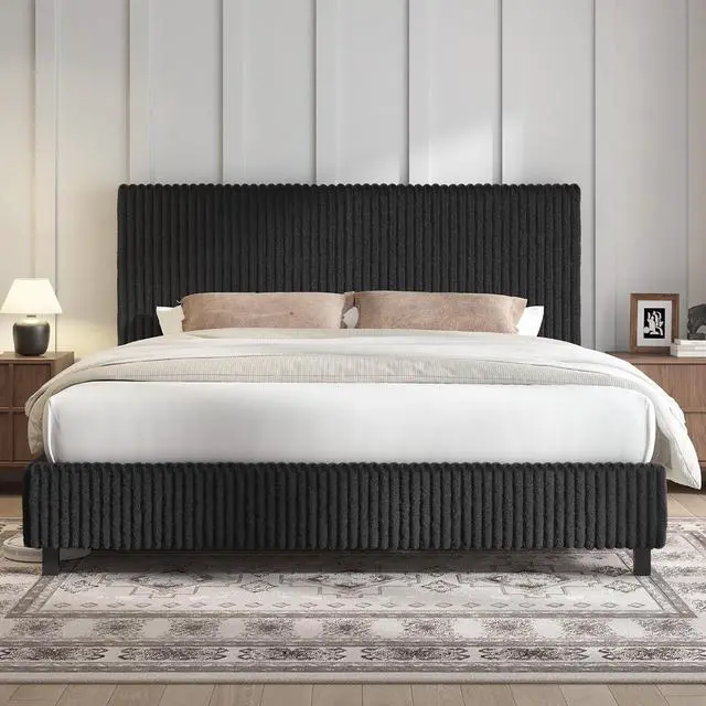 Alt view image 3 of 7 - King Size Bed Frame, Corduroy Upholstered Metal Platform Bed with Vertical Channel Tufted Headboard, Soft Fabric & Strong Metal Slats, Noise-Free, Black King Bed and Headboard