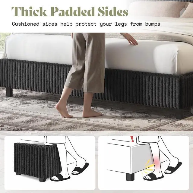 Alt view image 7 of 7 - Queen Bed Frame, Upholstered Metal Platform Bed with Vertical Channel Tufted Headboard, Soft Fabric & Strong Metal Slats, Noise-Free/Easy Assembly, Black