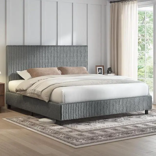 Main image of King Bed Frame, Upholstered Metal Platform Bed with Vertical Channel Tufted Headboard, Soft Fabric & Strong Metal Slats, No Noise Easy Assembly, Grey King Upholstered Bed and Headboard