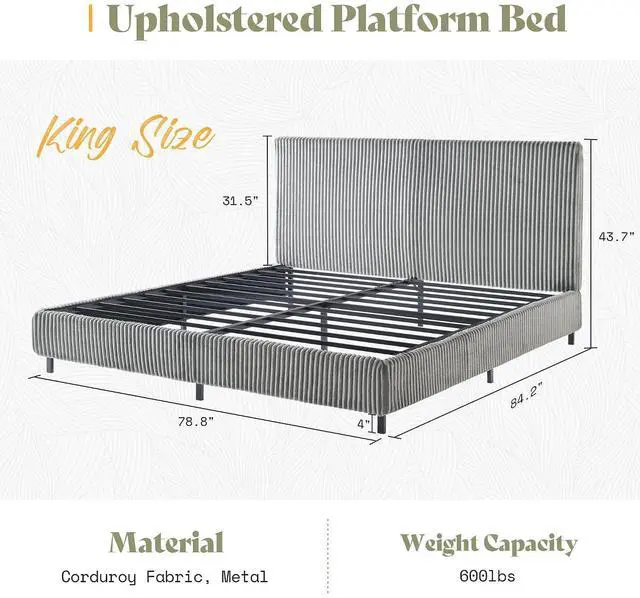 Alt view image 2 of 7 - King Bed Frame, Upholstered Metal Platform Bed with Vertical Channel Tufted Headboard, Soft Fabric & Strong Metal Slats, No Noise Easy Assembly, Grey King Upholstered Bed and Headboard