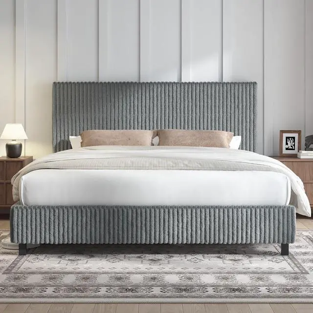 Alt view image 3 of 7 - King Bed Frame, Upholstered Metal Platform Bed with Vertical Channel Tufted Headboard, Soft Fabric & Strong Metal Slats, No Noise Easy Assembly, Grey King Upholstered Bed and Headboard