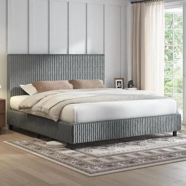Alt view image 3 of 7 - Full Bed Frame, Upholstered Metal Platform Bed with Vertical Channel Tufted Headboard, Soft Fabric & Strong Metal Slats, Noise-Free/Easy Assembly, Grey Full Upholstered Bed and Headboard