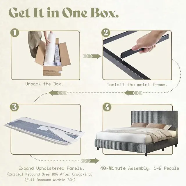 Alt view image 6 of 7 - Full Bed Frame, Upholstered Metal Platform Bed with Vertical Channel Tufted Headboard, Soft Fabric & Strong Metal Slats, Noise-Free/Easy Assembly, Grey Full Upholstered Bed and Headboard