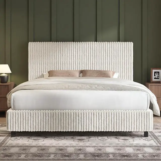 Main image of Queen Bed Frame, Upholstered Metal Platform Bed with Vertical Channel Tufted Headboard, Soft Fabric & Strong Metal Slats, Noise-Free/Easy Assembly, White Queen Upholstered Bed and Headboard