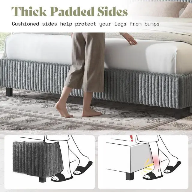 Alt view image 7 of 7 - King Bed Frame, Upholstered Metal Platform Bed with Vertical Channel Tufted Headboard, Soft Fabric & Strong Metal Slats, No Noise Easy Assembly, Grey King Upholstered Bed and Headboard