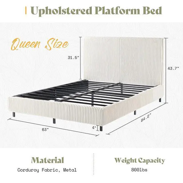 Alt view image 2 of 7 - Queen Bed Frame, Upholstered Metal Platform Bed with Vertical Channel Tufted Headboard, Soft Fabric & Strong Metal Slats, Noise-Free/Easy Assembly, White Queen Upholstered Bed and Headboard