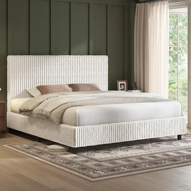 Main image of King Bed Frame, Upholstered Metal Platform Bed with Vertical Channel Tufted Headboard, Soft Fabric & Strong Metal Slats, No Noise/Easy Assembly, White King Upholstered Bed and Headboard