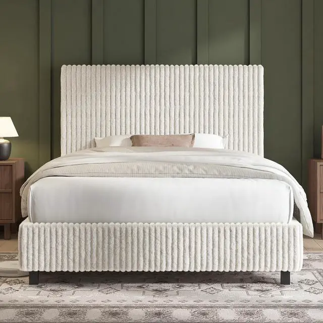 Main image of Twin Bed Frame, Upholstered Metal Platform Bed with Vertical Channel Tufted Headboard, Soft Fabric & Strong Metal Slats, Noise-Free/Easy Assembly, White Twin Metal Bed and Headboard