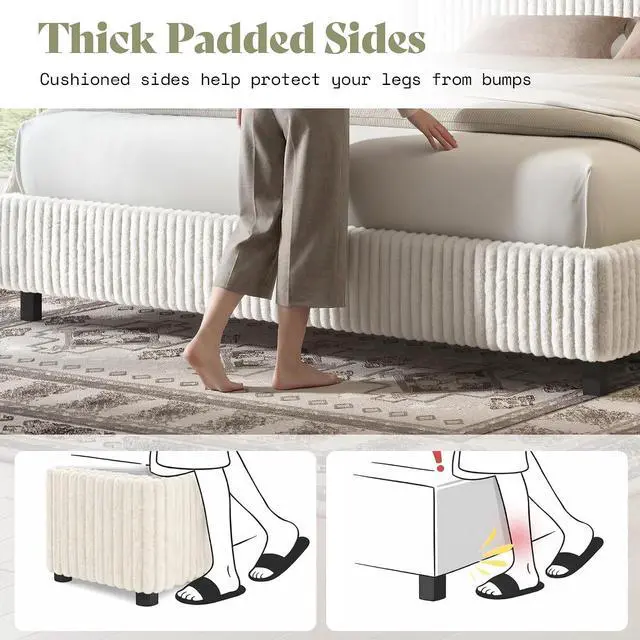 Alt view image 7 of 7 - Queen Bed Frame, Upholstered Metal Platform Bed with Vertical Channel Tufted Headboard, Soft Fabric & Strong Metal Slats, Noise-Free/Easy Assembly, White Queen Upholstered Bed and Headboard