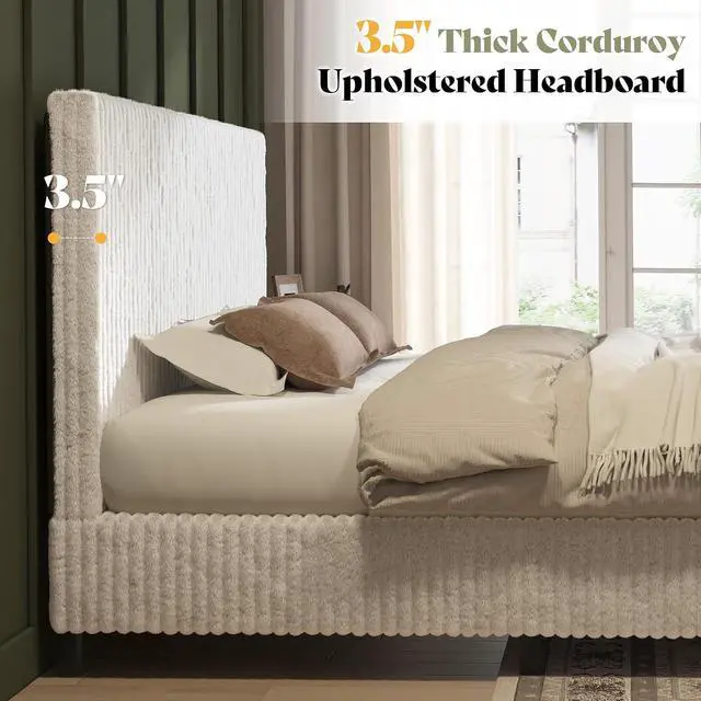 Alt view image 6 of 7 - Queen Bed Frame, Upholstered Metal Platform Bed with Vertical Channel Tufted Headboard, Soft Fabric & Strong Metal Slats, Noise-Free/Easy Assembly, White Queen Upholstered Bed and Headboard
