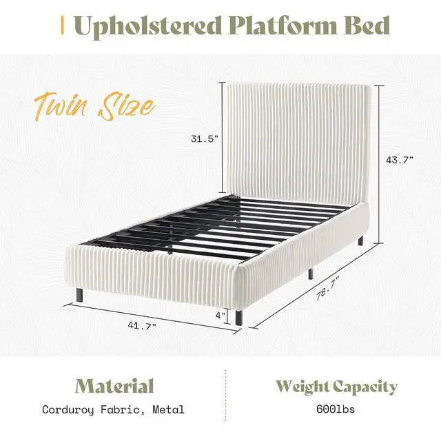 Alt view image 2 of 7 - Twin Bed Frame, Upholstered Metal Platform Bed with Vertical Channel Tufted Headboard, Soft Fabric & Strong Metal Slats, Noise-Free/Easy Assembly, White Twin Metal Bed and Headboard