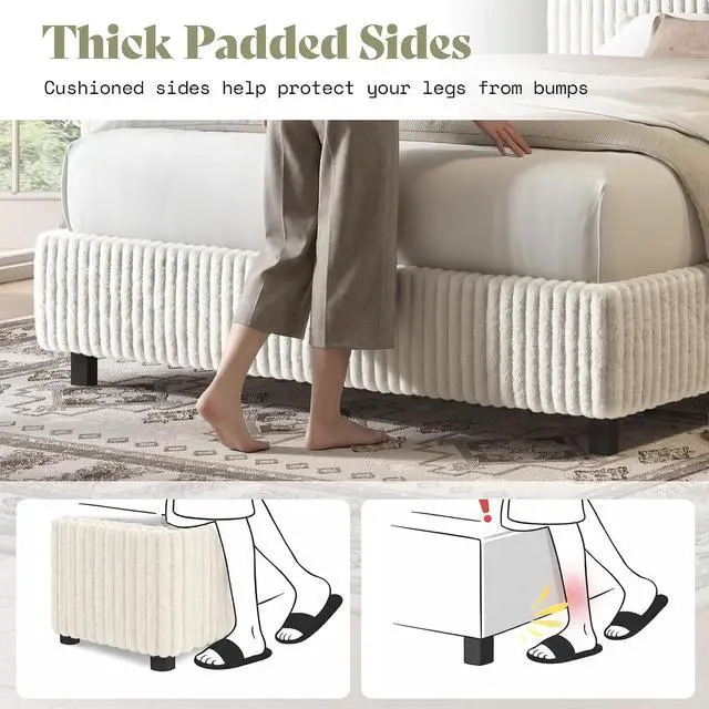 Alt view image 5 of 7 - Twin Bed Frame, Upholstered Metal Platform Bed with Vertical Channel Tufted Headboard, Soft Fabric & Strong Metal Slats, Noise-Free/Easy Assembly, White Twin Metal Bed and Headboard