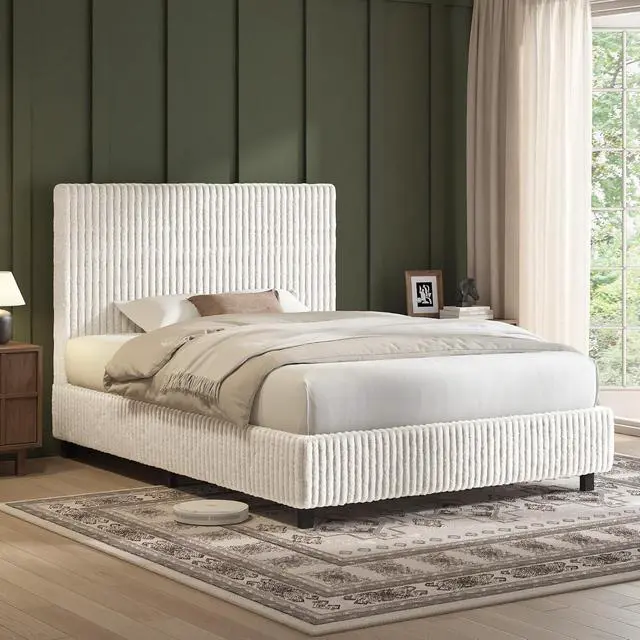 Alt view image 3 of 7 - Twin Bed Frame, Upholstered Metal Platform Bed with Vertical Channel Tufted Headboard, Soft Fabric & Strong Metal Slats, Noise-Free/Easy Assembly, White Twin Metal Bed and Headboard