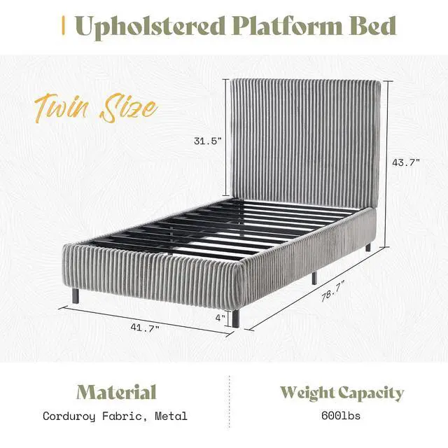 Alt view image 2 of 7 - Twin Bed Frame, Upholstered Metal Platform Bed with Vertical Channel Tufted Headboard, Soft Fabric & Strong Metal Slats, Noise-Free/Easy Assembly, Grey Twin Metal Bed and Headboard