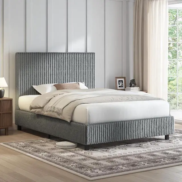 Alt view image 3 of 7 - Twin Bed Frame, Upholstered Metal Platform Bed with Vertical Channel Tufted Headboard, Soft Fabric & Strong Metal Slats, Noise-Free/Easy Assembly, Grey Twin Metal Bed and Headboard