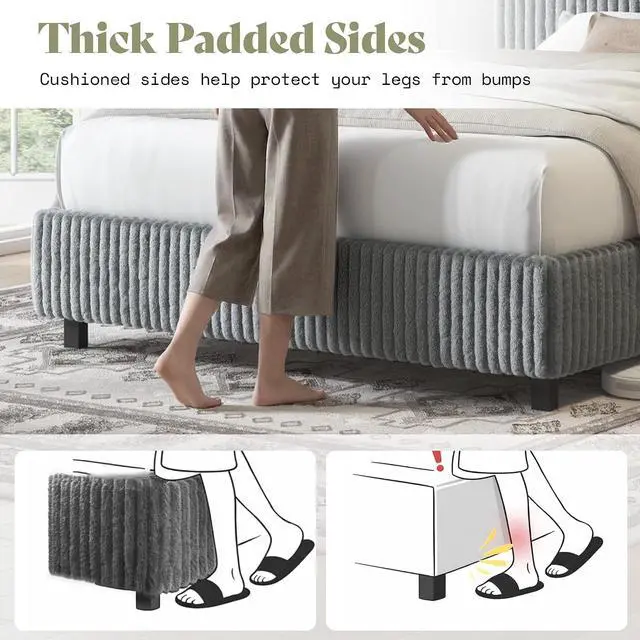 Alt view image 5 of 7 - Twin Bed Frame, Upholstered Metal Platform Bed with Vertical Channel Tufted Headboard, Soft Fabric & Strong Metal Slats, Noise-Free/Easy Assembly, Grey Twin Metal Bed and Headboard