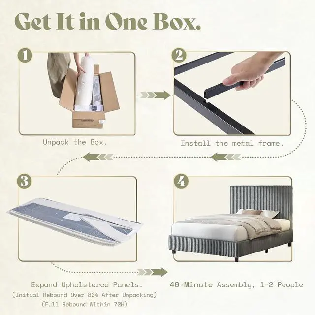 Alt view image 6 of 7 - Twin Bed Frame, Upholstered Metal Platform Bed with Vertical Channel Tufted Headboard, Soft Fabric & Strong Metal Slats, Noise-Free/Easy Assembly, Grey Twin Metal Bed and Headboard
