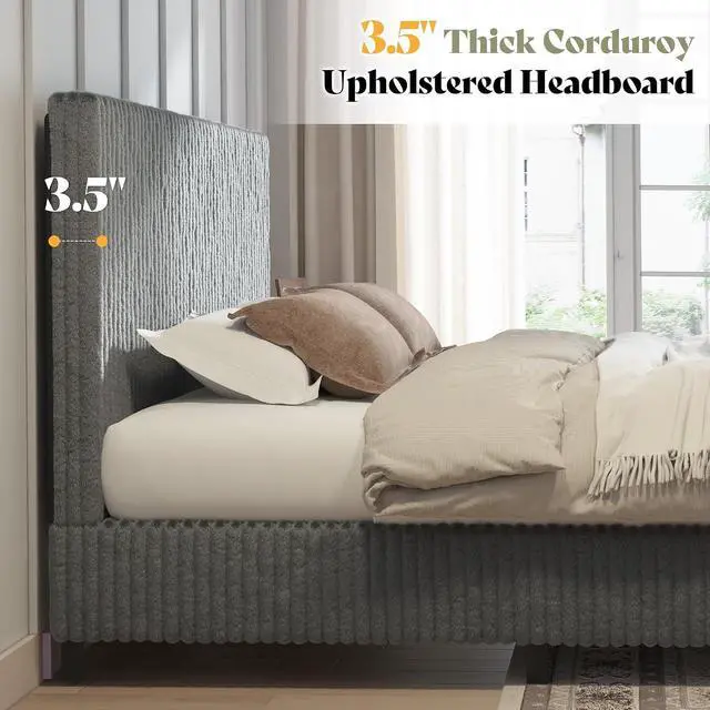 Alt view image 7 of 7 - Twin Bed Frame, Upholstered Metal Platform Bed with Vertical Channel Tufted Headboard, Soft Fabric & Strong Metal Slats, Noise-Free/Easy Assembly, Grey Twin Metal Bed and Headboard