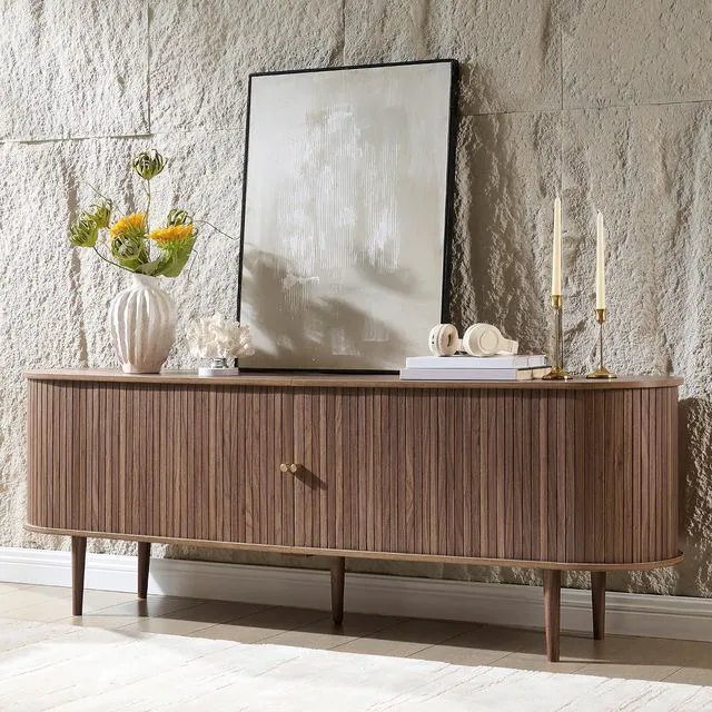 Main image of 70" Mid-Century Modern TV Stand, TV Console Table for TVs up to 80 Inch, Fluted Wood Media Console with Storage, Solid Wood Legs, Walnut
