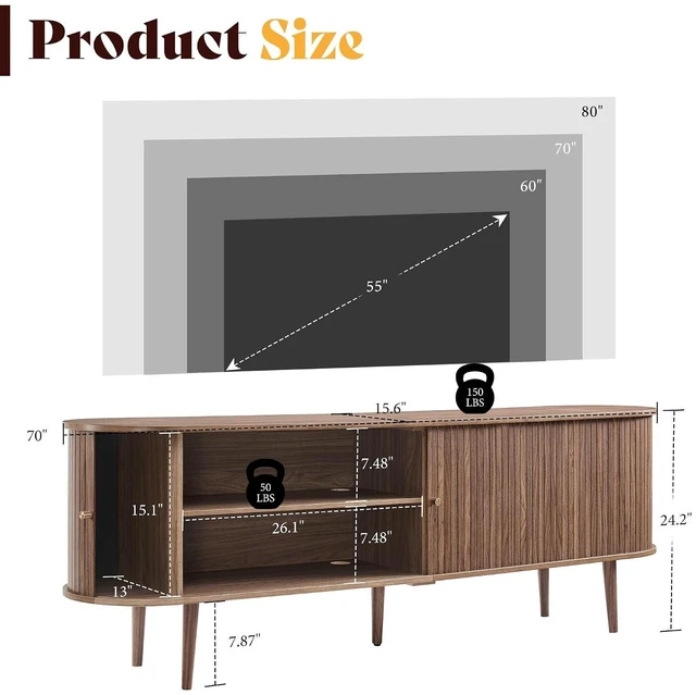 Alt view image 2 of 7 - 70" Mid-Century Modern TV Stand, TV Console Table for TVs up to 80 Inch, Fluted Wood Media Console with Storage, Solid Wood Legs, Walnut