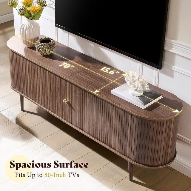 Alt view image 3 of 7 - 70" Mid-Century Modern TV Stand, TV Console Table for TVs up to 80 Inch, Fluted Wood Media Console with Storage, Solid Wood Legs, Walnut