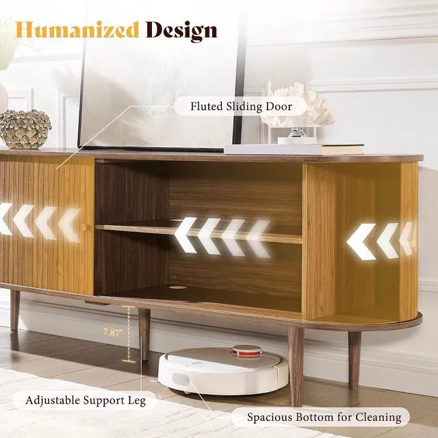 Alt view image 4 of 7 - 70" Mid-Century Modern TV Stand, TV Console Table for TVs up to 80 Inch, Fluted Wood Media Console with Storage, Solid Wood Legs, Walnut