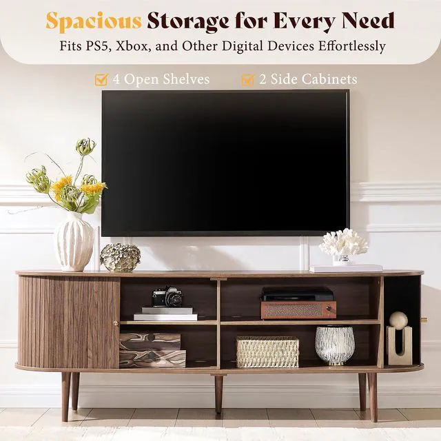 Alt view image 5 of 7 - 70" Mid-Century Modern TV Stand, TV Console Table for TVs up to 80 Inch, Fluted Wood Media Console with Storage, Solid Wood Legs, Walnut