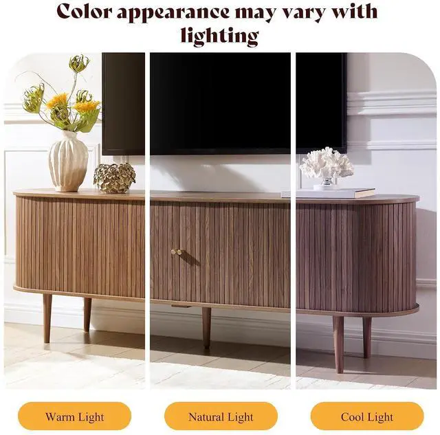 Alt view image 7 of 7 - 70" Mid-Century Modern TV Stand, TV Console Table for TVs up to 80 Inch, Fluted Wood Media Console with Storage, Solid Wood Legs, Walnut