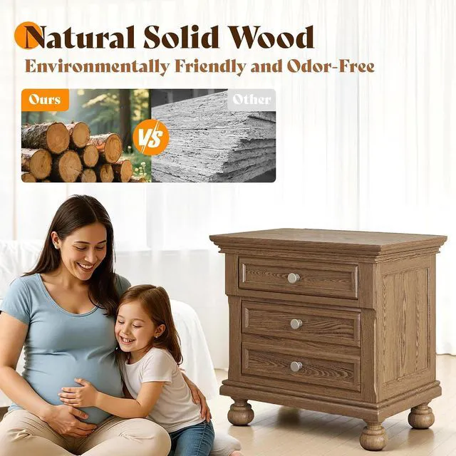 Alt view image 3 of 7 - Solid Wood 3 Piece Bedroom Set Including 65.2" High Queen Bed Frame, Fully Assembled Nightstands Set of 2 with 2 Storage Drawers for Bedroom, Light Brown