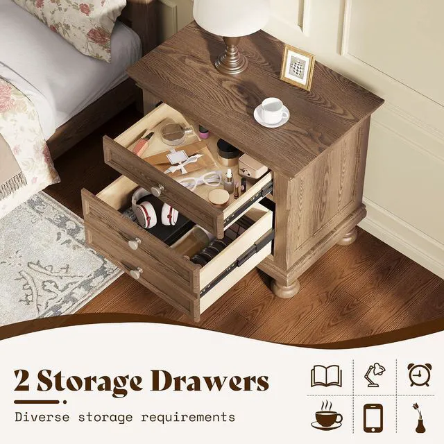 Alt view image 5 of 7 - Solid Wood 3 Piece Bedroom Set Including 65.2" High Queen Bed Frame, Fully Assembled Nightstands Set of 2 with 2 Storage Drawers for Bedroom, Light Brown