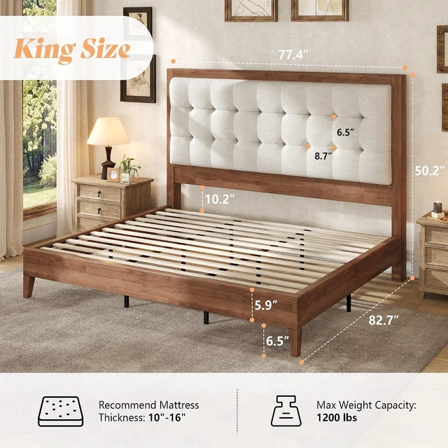 Alt view image 2 of 7 - King Size Bed Frame and Headboard, Solid Wooden Bed Frame King Size Platform Bed Frame Mid-Century Style, No Box Spring Required, Walnut