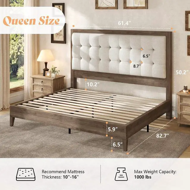 Alt view image 2 of 7 - Queen Bed Frame with Headboard, Solid Wooden Bed Frame Queen Size Platform Bed Mid-Century Style, No Box Spring Required, Ash Gray