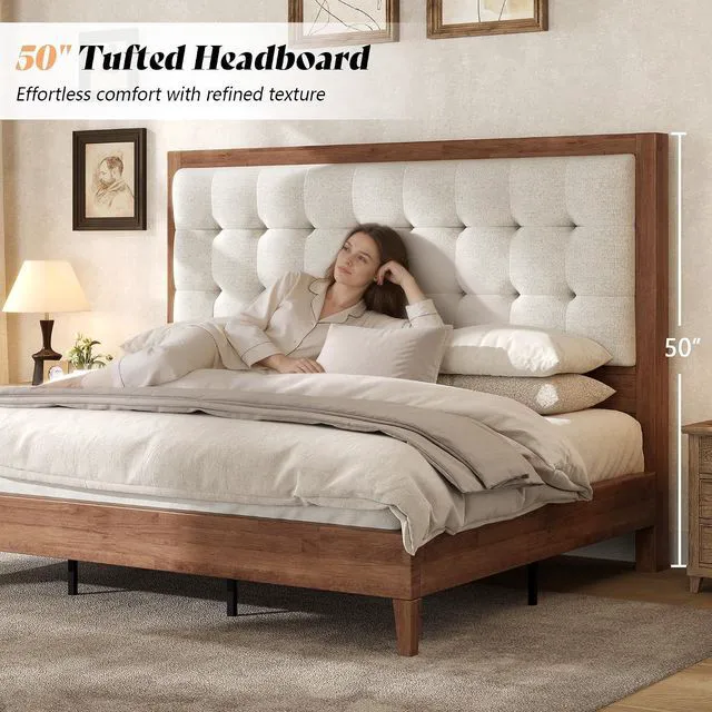 Alt view image 4 of 7 - King Size Bed Frame and Headboard, Solid Wooden Bed Frame King Size Platform Bed Frame Mid-Century Style, No Box Spring Required, Walnut