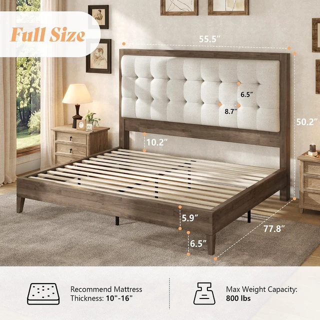 Alt view image 2 of 7 - Full Size Bed Frame with Headboard, Solid Wooden Bed Frame Full Size Platform Bed Frame Mid-Century Style, No Box Spring Required, Ash Gray