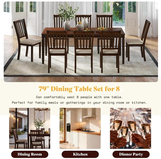 Alt view image 7 of 7 - 9-Piece Farmhouse Dining Table Set for 8, 79" Rectangular Kitchen Table with 8 Upholstered Chairs, Solid Rubberwood Frame, Roman Conical Legs, Dark Brown
