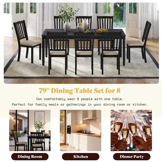Alt view image 7 of 7 - 9-Piece Farmhouse Dining Table Set for 8, 79" Rectangular Kitchen Table with 8 Upholstered Chairs, Solid Rubberwood Frame, Roman Conical Legs, Grey