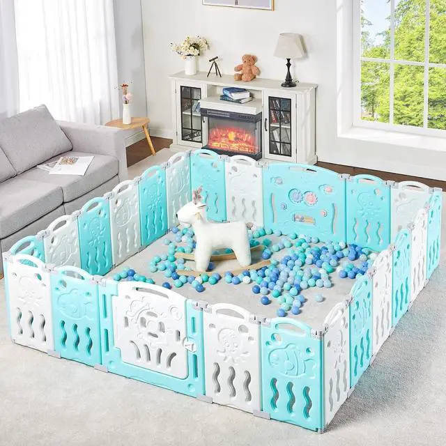 Main image of Baby Playpen, 22 Panels Foldable Baby Fence with Game Panel and Safety Gate, Adjustable Shape, Portable Play Yards for Children Toddlers Indoors or Outdoors (White+Blue, 22 Panel)