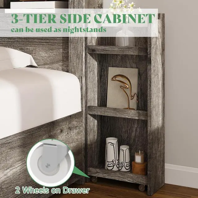Alt view image 7 of 7 - California King Size Bed Frame with 4 Storage Drawers, LED Bed Frame with 49.6" Tall Bookcase Headboard, Wood Platform Bed with Charging Station & 2 Slide Bedside Shelf, Rustic Grey