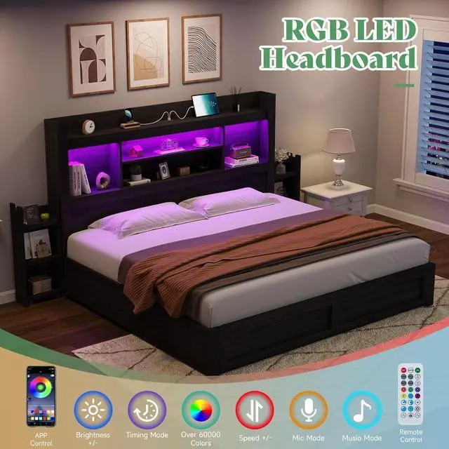 Alt view image 4 of 7 - California King Size Bed Frame with 4 Storage Drawers, LED Bed Frame with 49.6" Tall Bookcase Headboard, Wood Platform Bed with Charging Station & 2 Slide Bedside Shelf, Black
