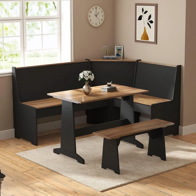 Main image of 3-Piece Breakfast Nook Dining Set with Storage, Black Oak | L-Shaped Corner Bench, Hidden Storage, Compact Dining Set for Small Spaces, Kitchen Dining Room Furniture