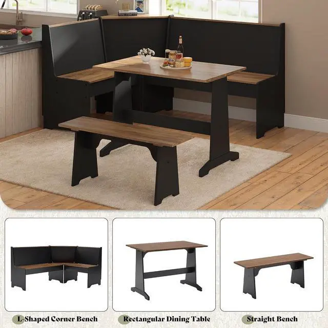 Alt view image 4 of 7 - Corner Dining Set with Storage, 3 Piece Breakfast Nook, Black Oak | 3 Pieces Dining Set for Small Spaces, Hidden Storage, L Shaped Layout, Space Saving Furniture, Kitchen Dining Area