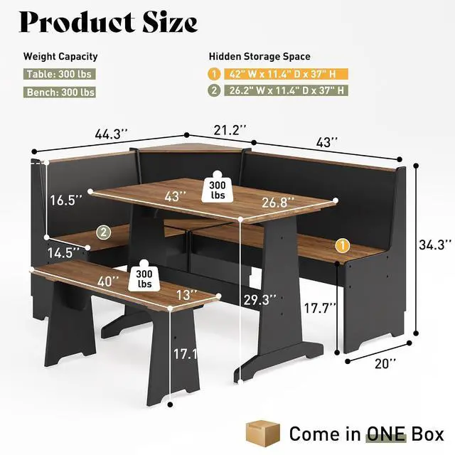 Alt view image 2 of 7 - Corner Dining Set with Storage, 3 Piece Breakfast Nook, Black Oak | 3 Pieces Dining Set for Small Spaces, Hidden Storage, L Shaped Layout, Space Saving Furniture, Kitchen Dining Area